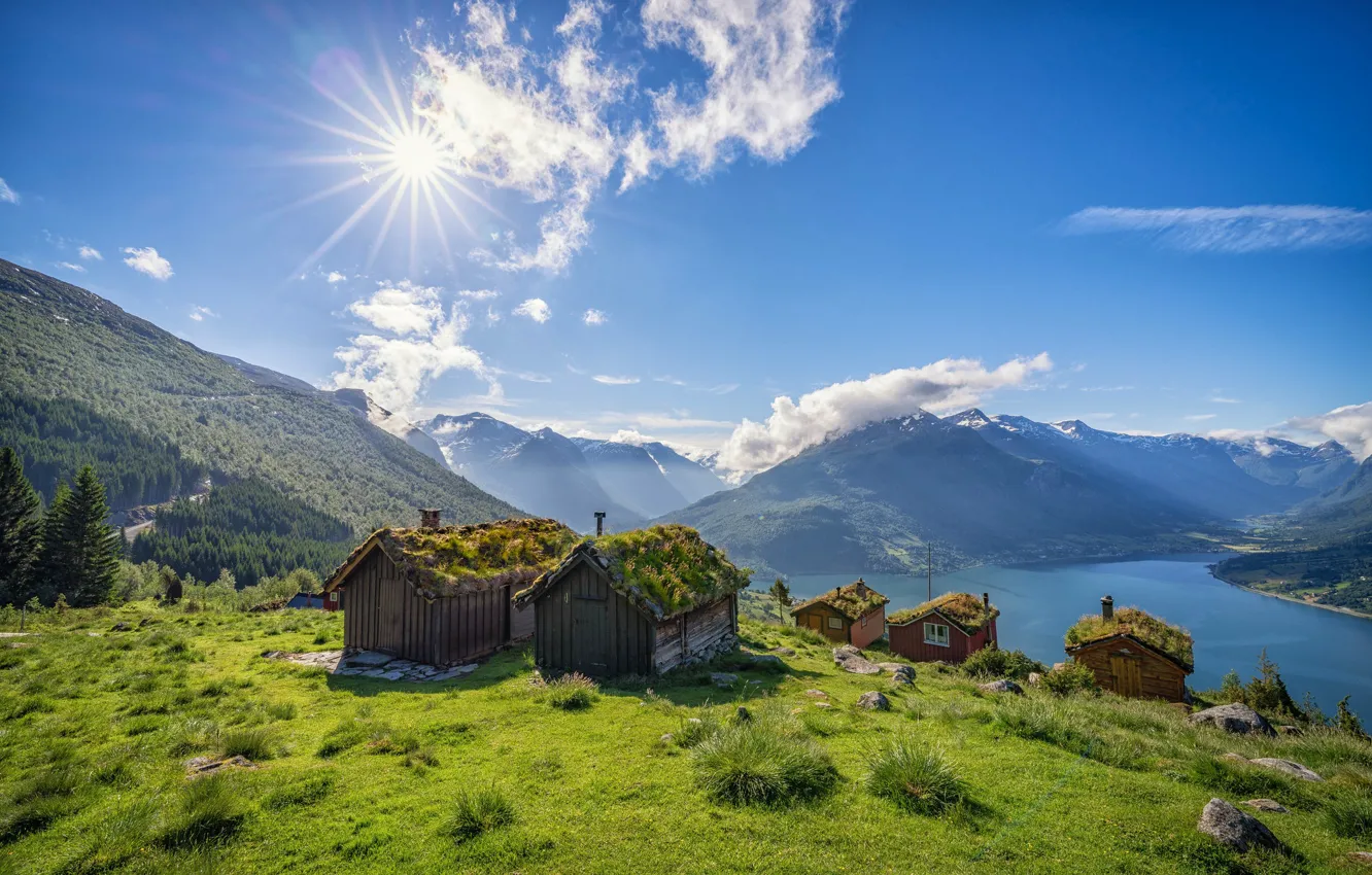 Photo wallpaper mountains, Norway, house, the fjord