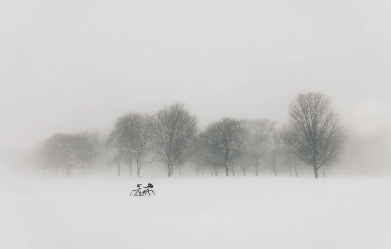 Photo wallpaper field, snow, bike, fog