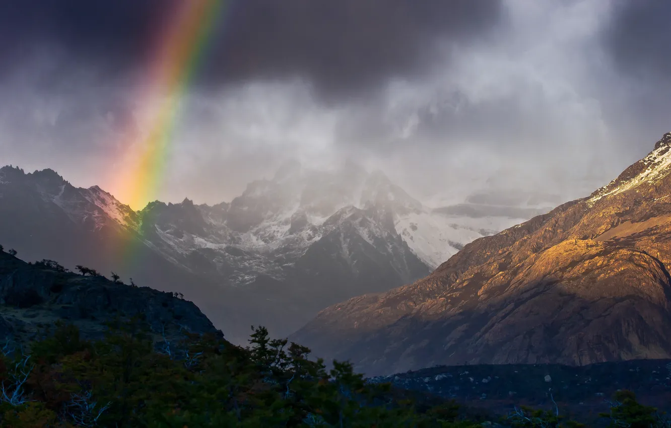 Photo wallpaper mountains, clouds, nature, rainbow