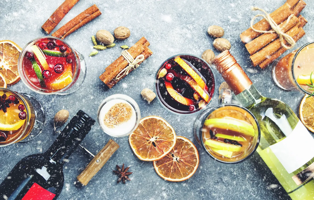 Photo wallpaper snow, berries, table, wine, glass, bottle, new year, orange