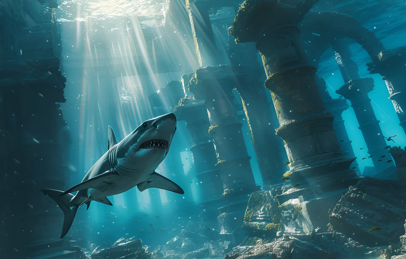 Photo wallpaper predator, shark, the ruins, columns, underwater world, digital art, AI art, The Art of Artificial …
