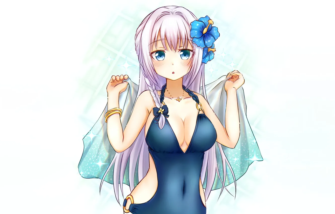 Photo wallpaper girl, sexy, cleavage, flower, pink hair, long hair, boobs, anime