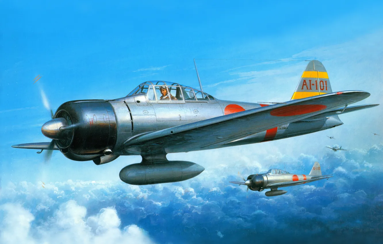 Photo wallpaper the sky, clouds, war, figure, fighter, art, Mitsubishi, Japanese