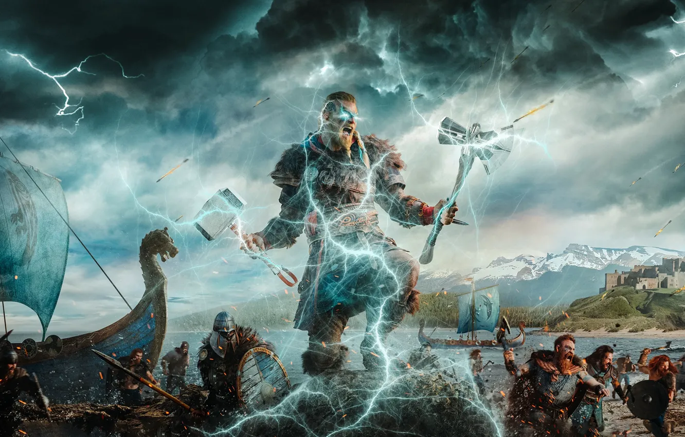 Photo wallpaper lightning, hammer, warrior, axe, Milner, Assassin's Creed Valhalla