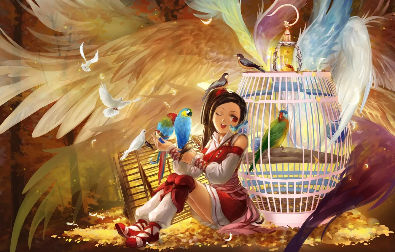 Photo wallpaper girl, trees, bird, wings, cell, anime, feathers, art