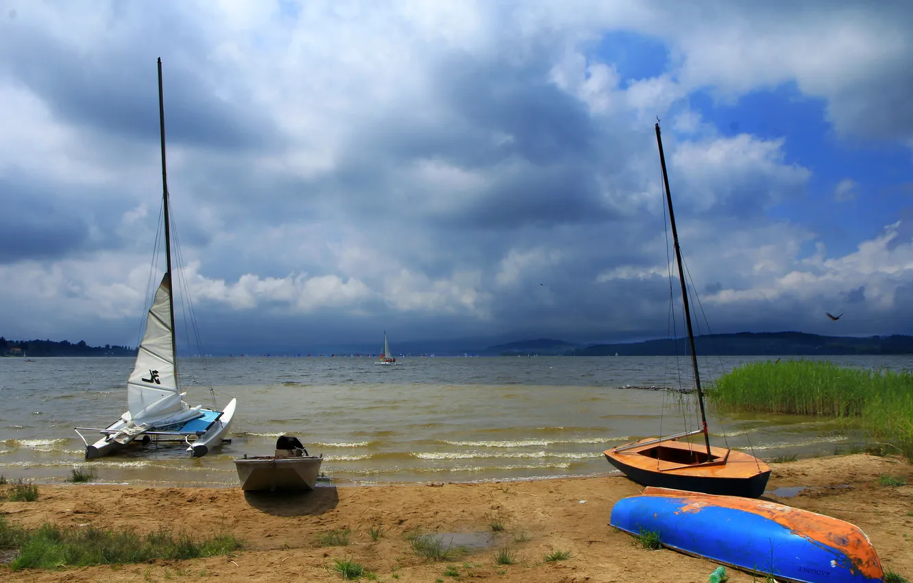 Photo wallpaper sand, the sky, clouds, clouds, lake, overcast, shore, boat