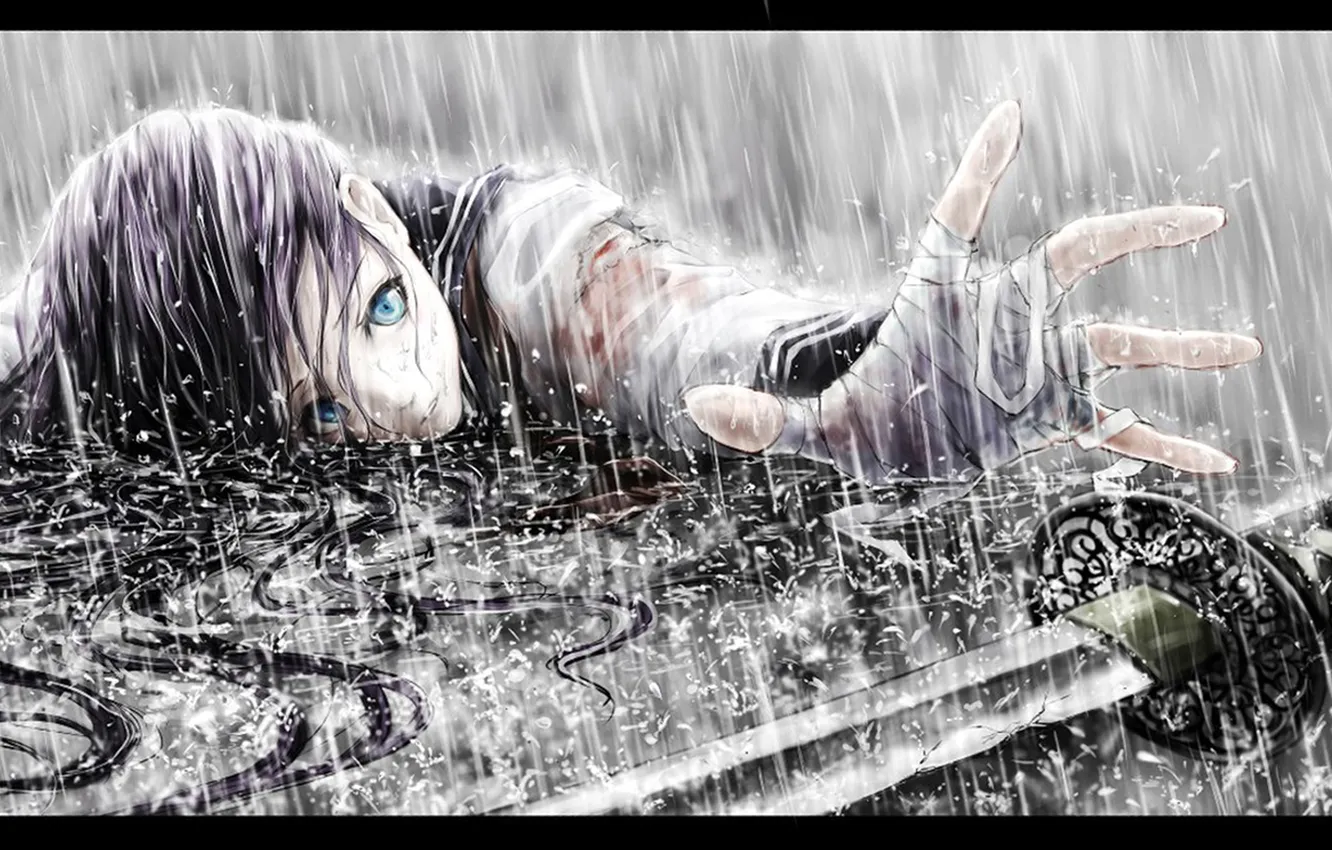 Photo wallpaper girl, rain, blood, sword, bandages, wounds