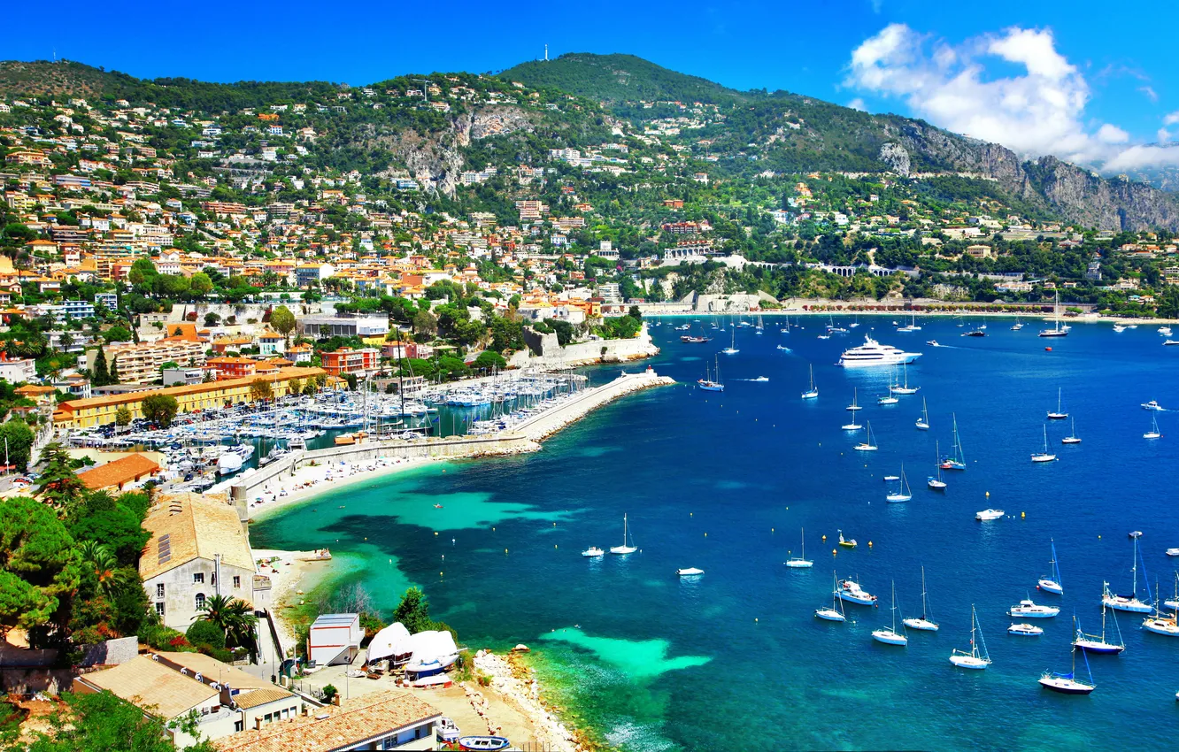 Photo wallpaper sea, landscape, mountains, coast, boat, France, home, yacht