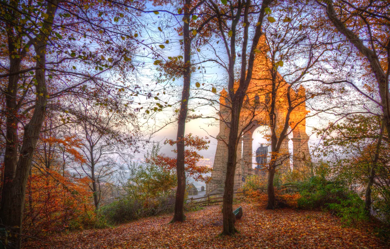 Photo wallpaper autumn, the sky, leaves, clouds, trees, bench, branches, the city