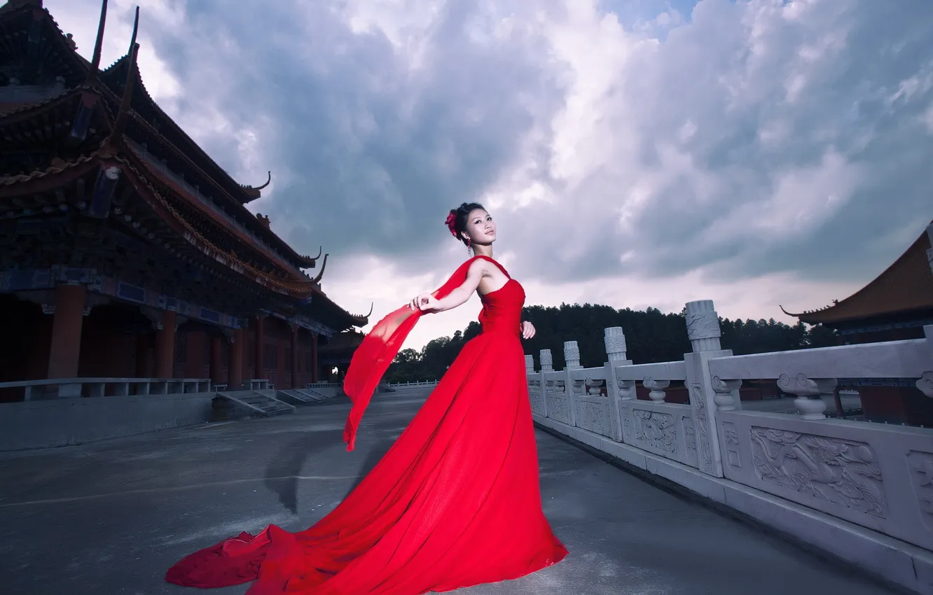 Photo wallpaper girl, blue, China, red dress, Palace