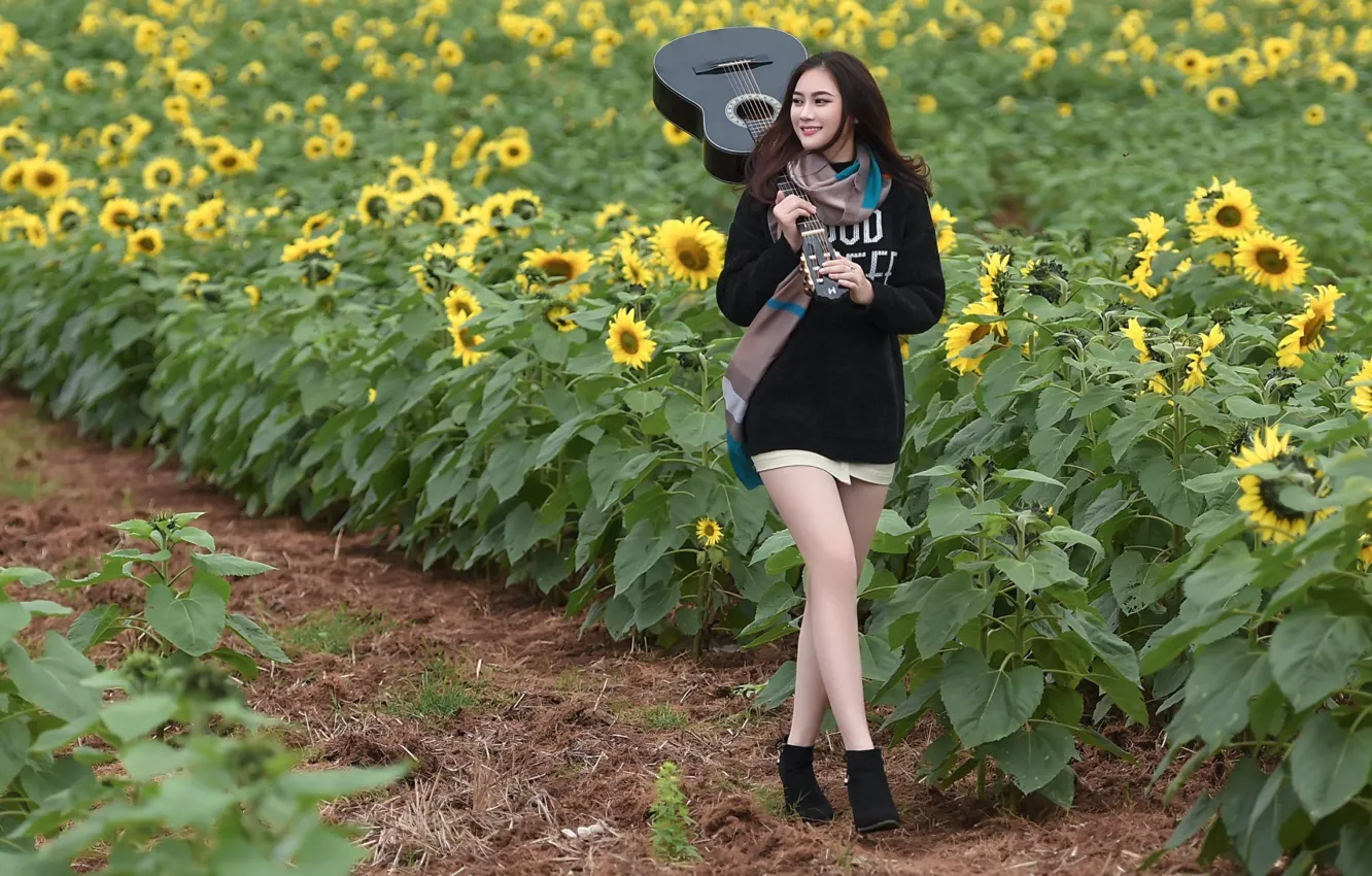 Photo wallpaper field, girl, sunflowers, smile, background, guitar, East