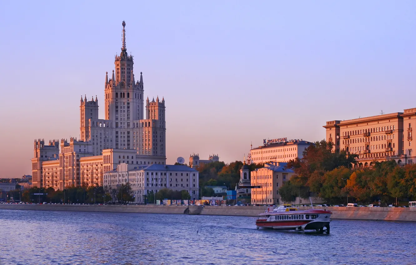 Photo wallpaper the city, river, morning, boat, Moscow, skyscrapers, asedac