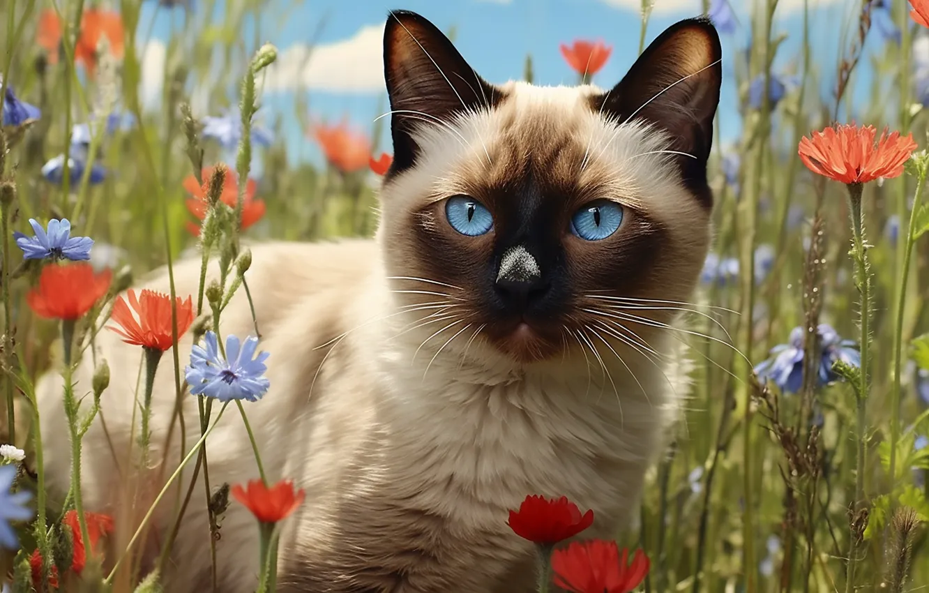 Photo wallpaper cat, cat, look, flowers, nature, pose, glade, face