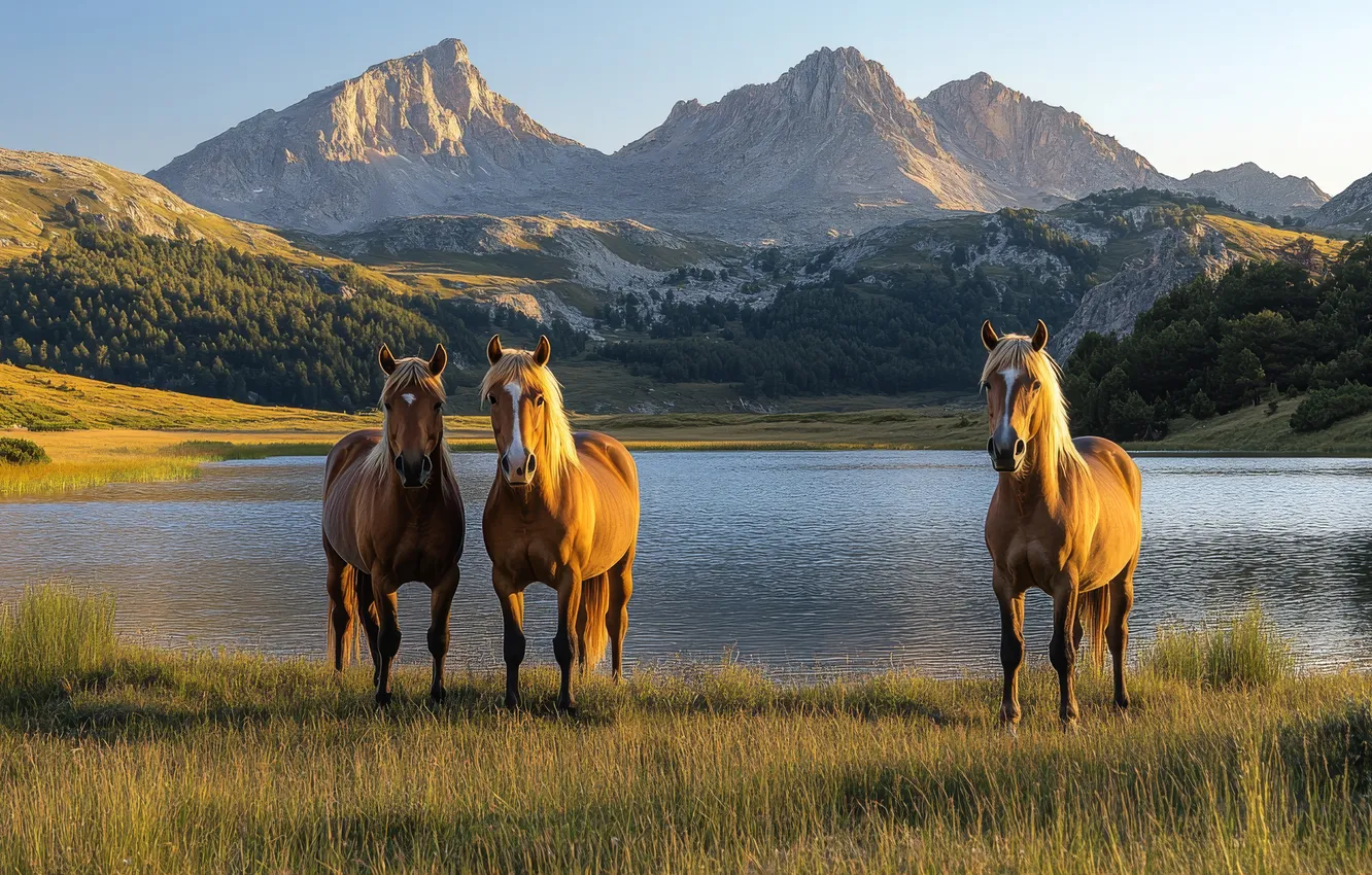 Photo wallpaper forest, grass, light, mountains, horse, shore, horse, tops