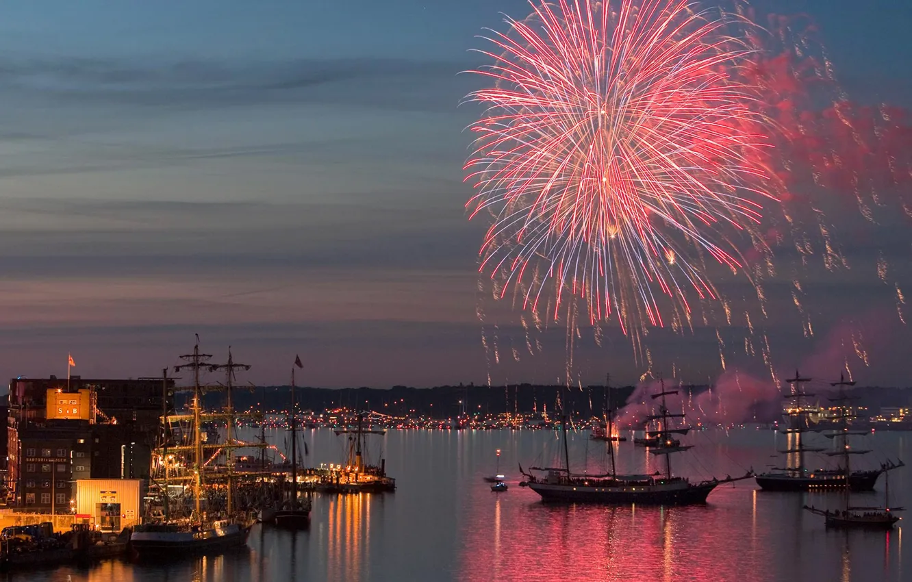 Photo wallpaper ship, salute, Germany, fireworks, harbour, Kiel, Schleswig-Holstein
