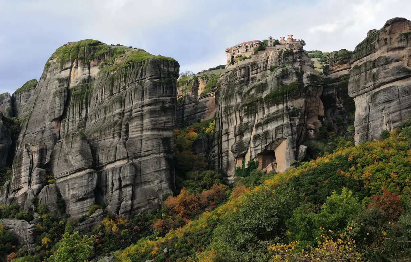 Photo wallpaper autumn, the sky, trees, mountains, rocks, tower, home, the monastery