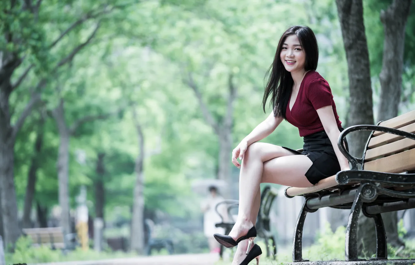 Photo wallpaper girl, Park, legs, Asian, bench, bokeh