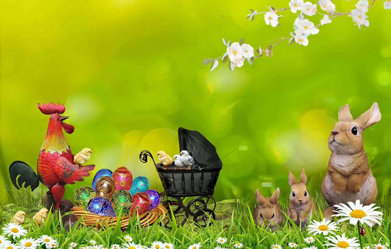 Photo wallpaper grass, chickens, eggs, spring, Easter, cock, the Easter Bunny