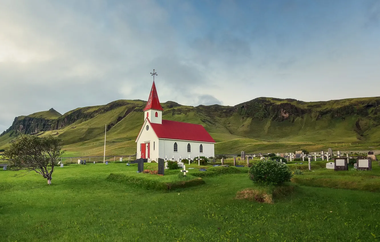 Photo wallpaper Iceland, Vika, village, field, Church