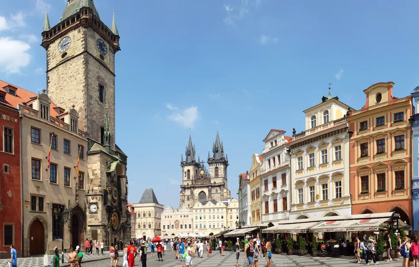 Photo wallpaper street, watch, people, tower, home, Prague, Czech Republic, area