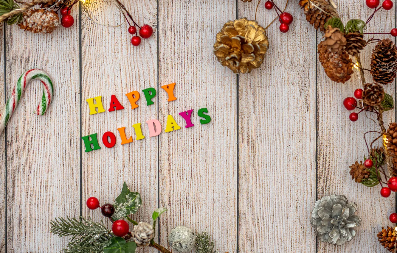 Photo wallpaper decoration, branches, letters, berries, holiday, new year, Christmas, garland