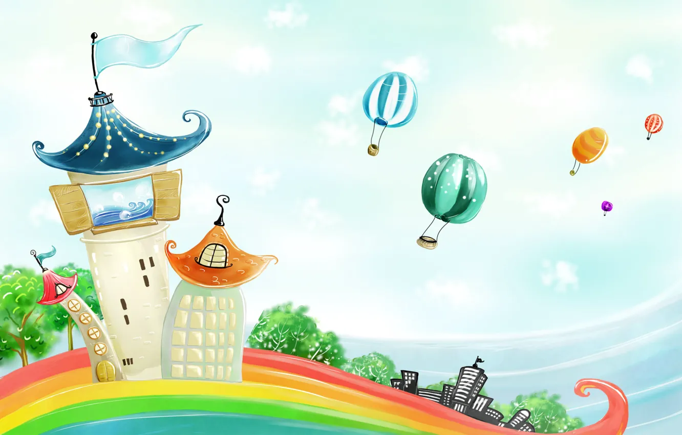 Photo wallpaper balloons, rainbow, houses