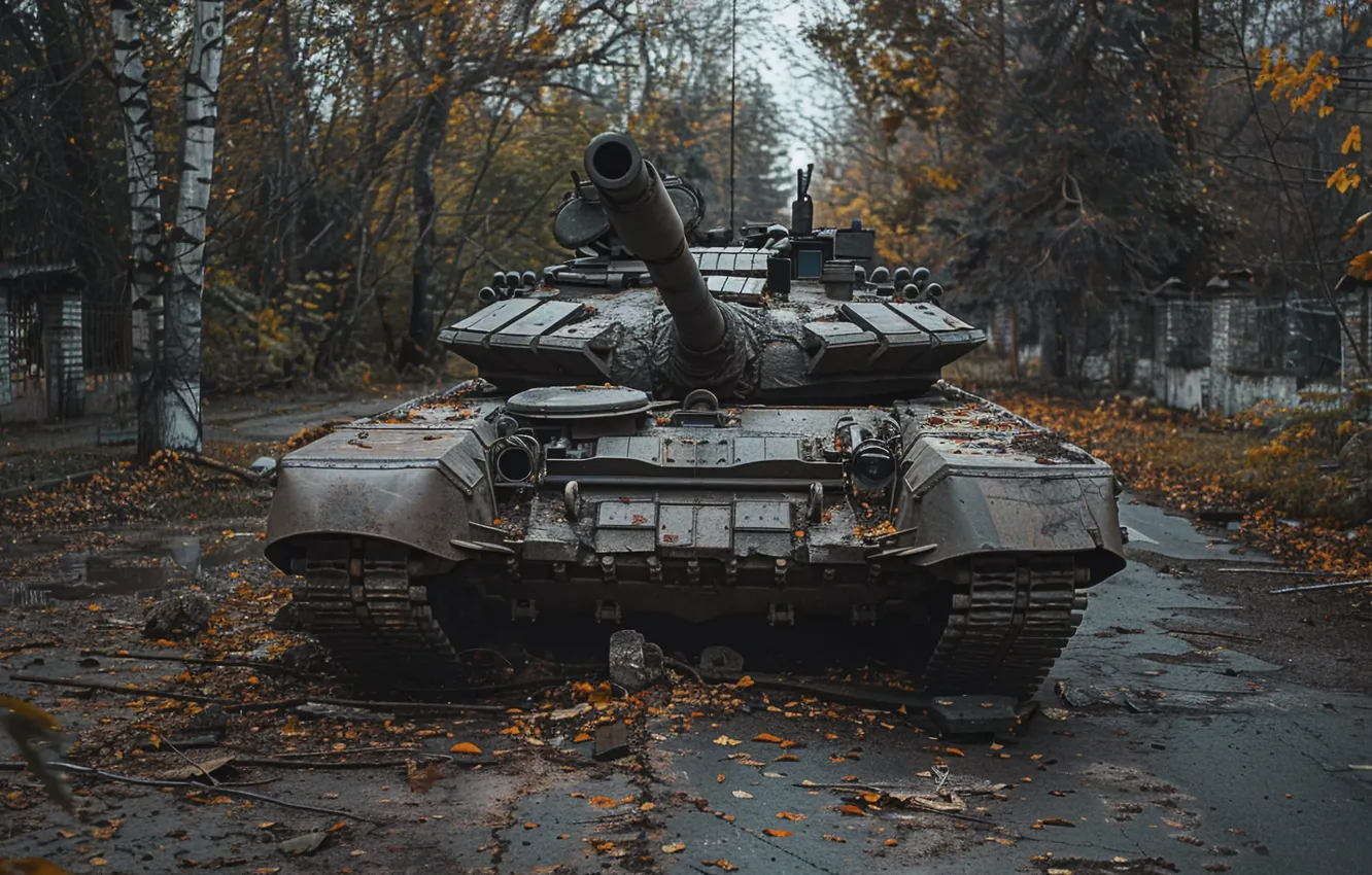 Photo wallpaper road, trees, tank, front, digital art, AI art, The Art of Artificial Intelligence, neural network