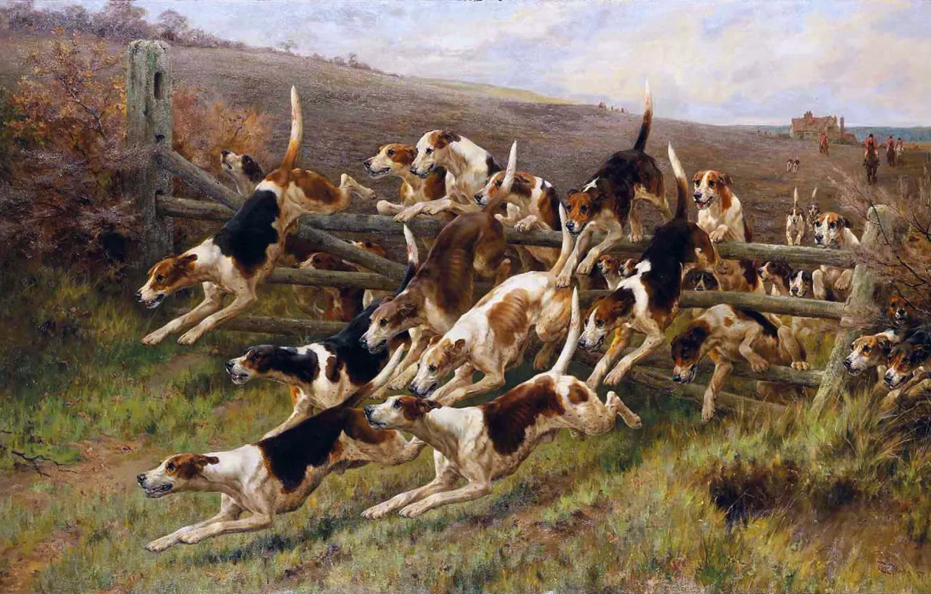 Photo wallpaper The fence, Picture, Dogs, Hunting, Thomas Blinks, Thomas Blinks, British animal artist, Hounds