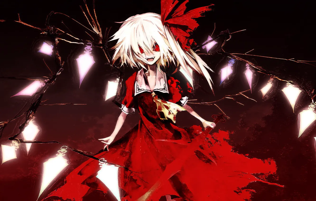 Photo wallpaper darkness, red eyes, baby, art, vampire, Touhou Project, black magic, Flandre Scarlet