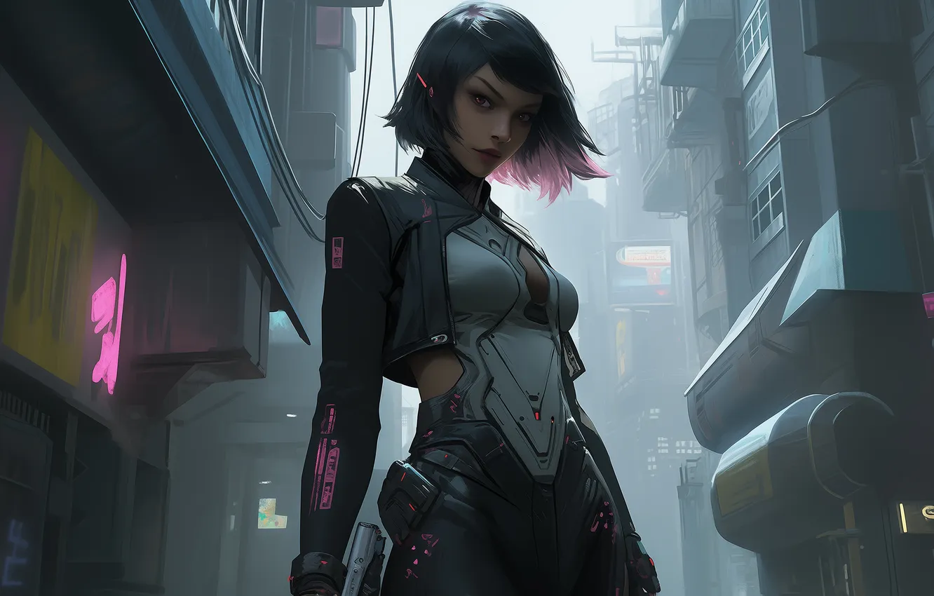 Photo wallpaper city, Neon, women, Cyberpunk, AI Art