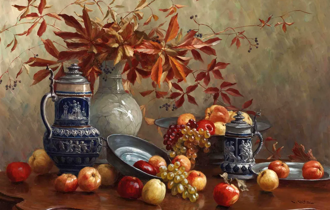Photo wallpaper apples, picture, grapes, vase, still life, painting, pitchers, autumn leaves