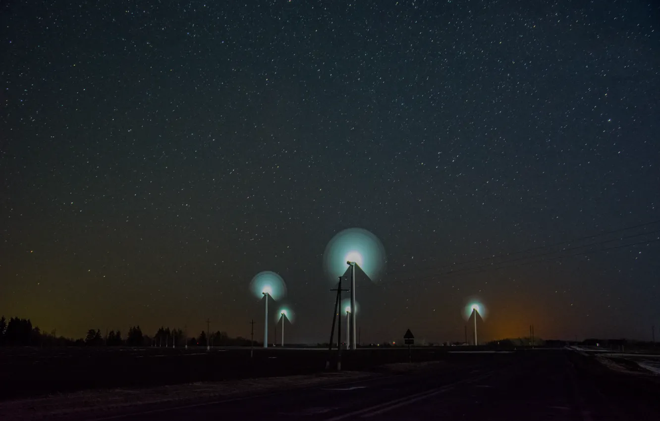 Photo wallpaper the sky, stars, night, windmills
