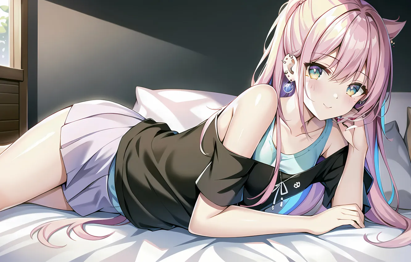 Photo wallpaper girl, pink hair, long hair, legs, anime, beautiful, pretty, bed