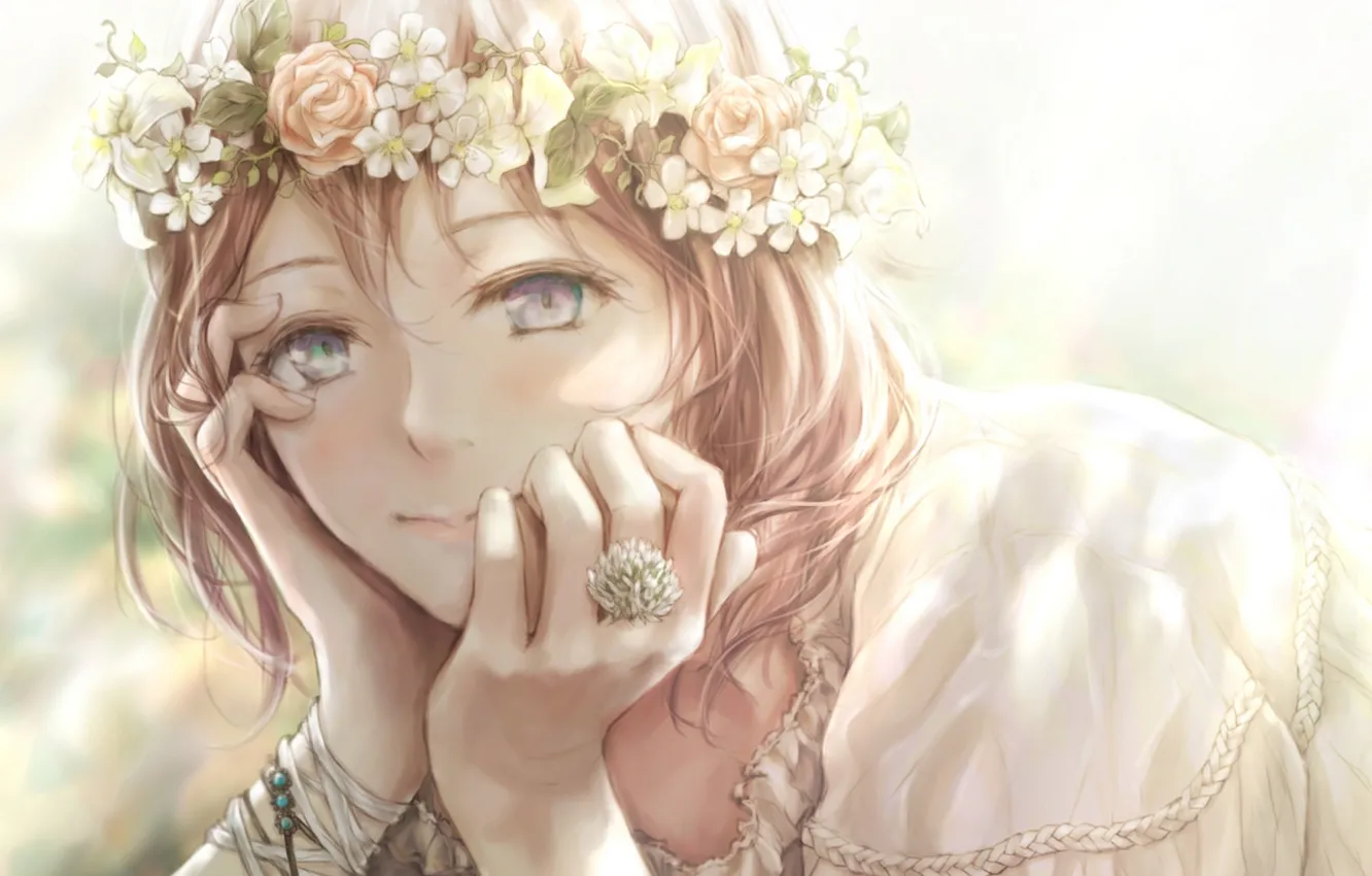 Photo wallpaper girl, flowers, smile, anime, art, wreath, nuwanko