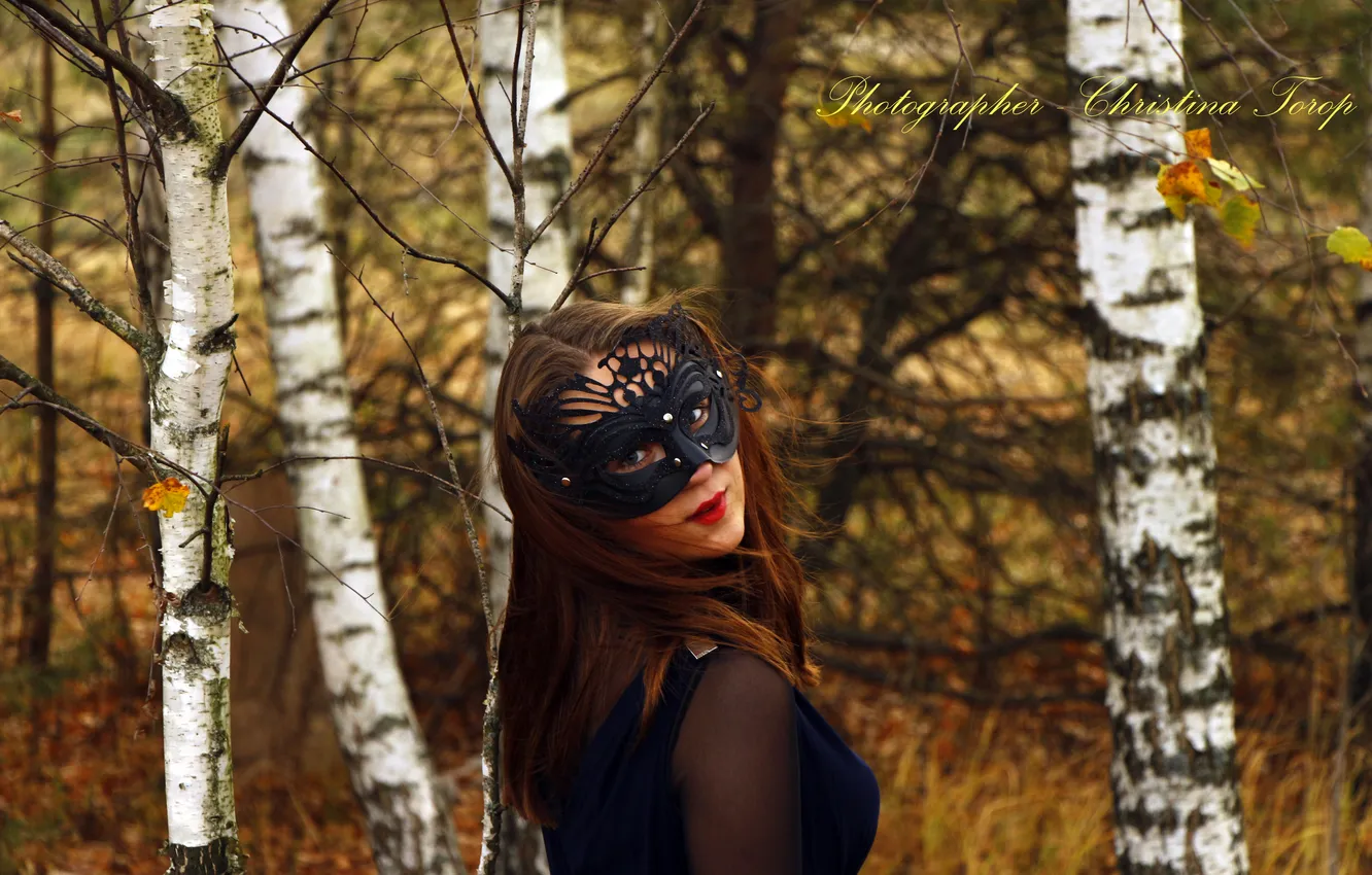Photo wallpaper girl, mask, Autumn., birch grove
