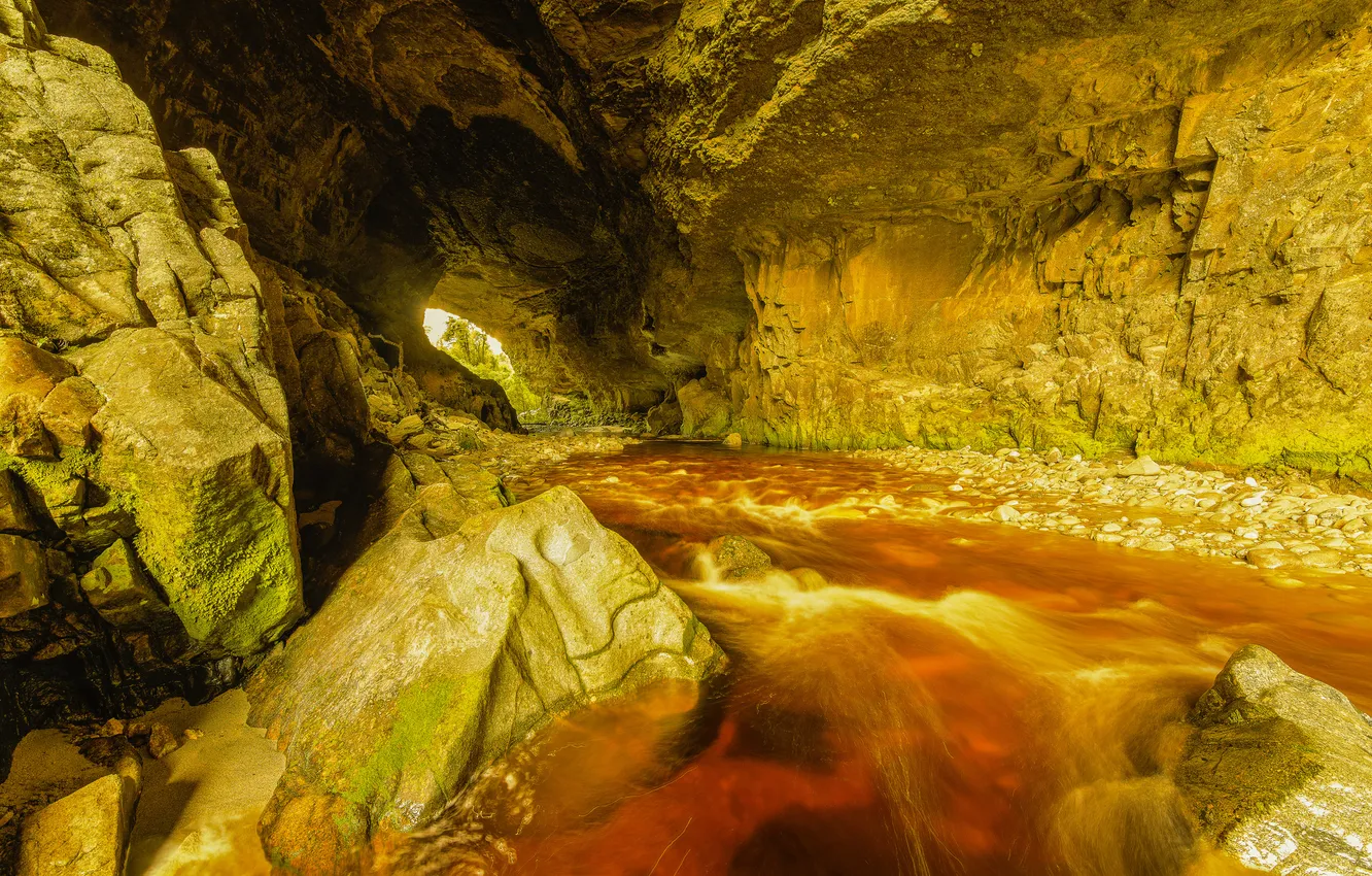 Photo wallpaper mountains, river, stream, stones, rocks, stream, cave, the grotto