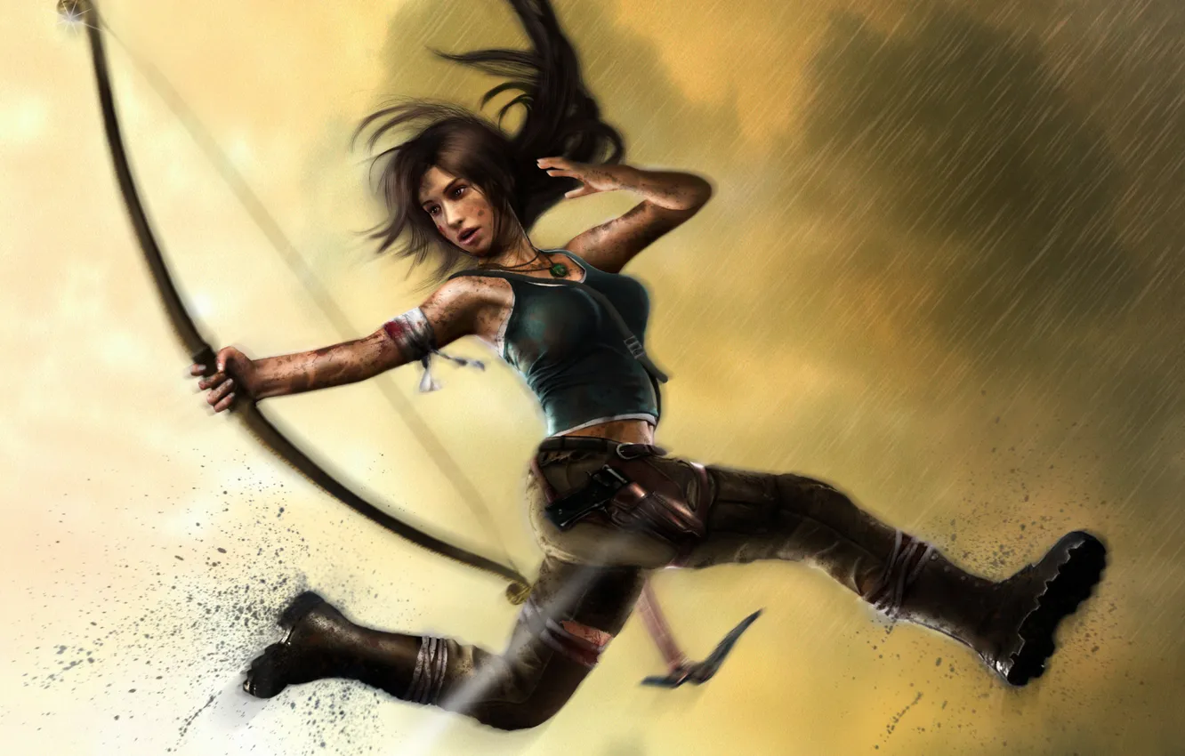 Photo wallpaper girl, rain, jump, blood, shot, bow, dirt, Tomb Raider
