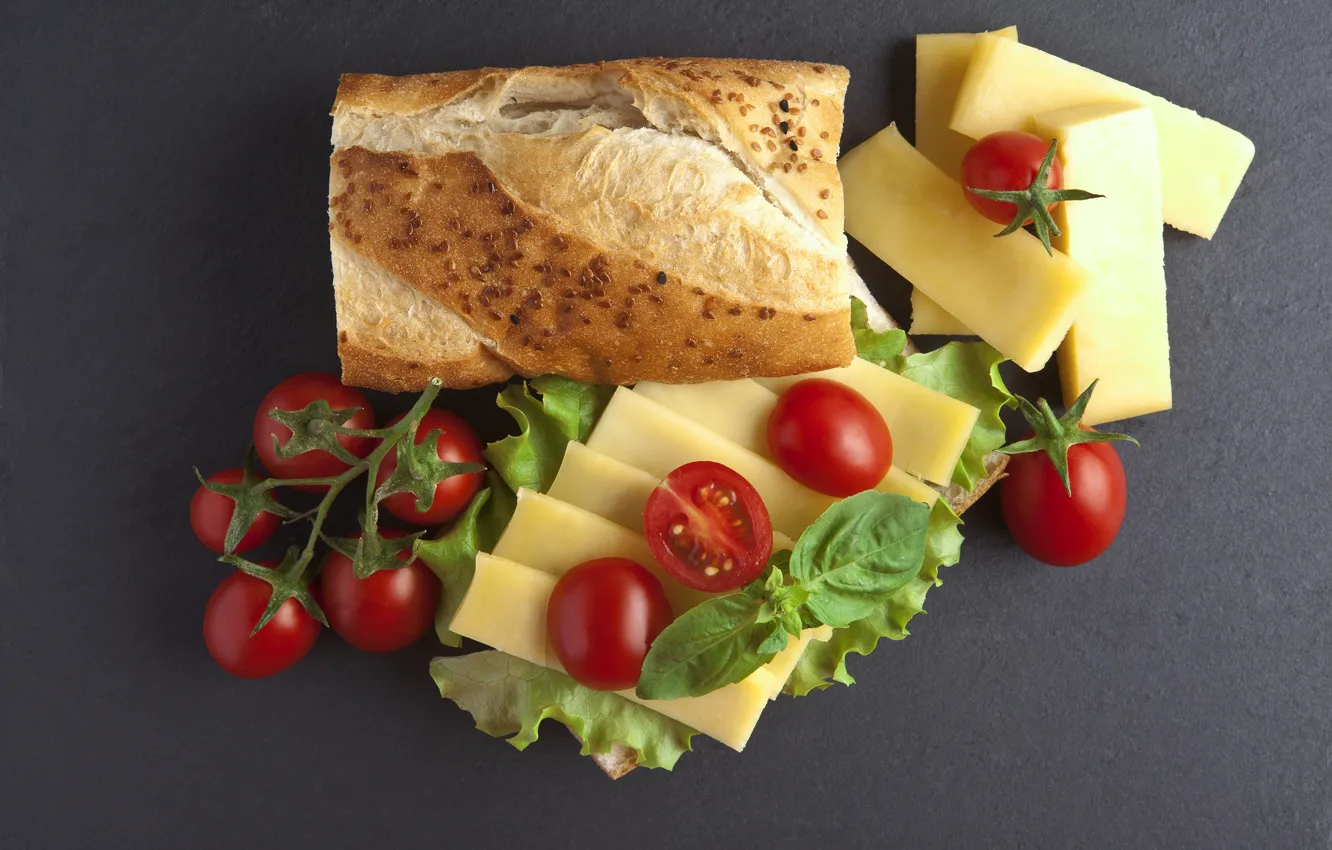 Photo wallpaper cheese, tomatoes, baton