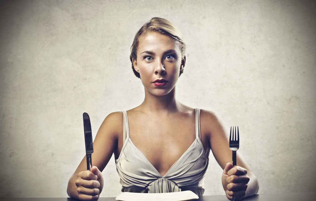Photo wallpaper plate, food, blonde, table, looking lost, silverware