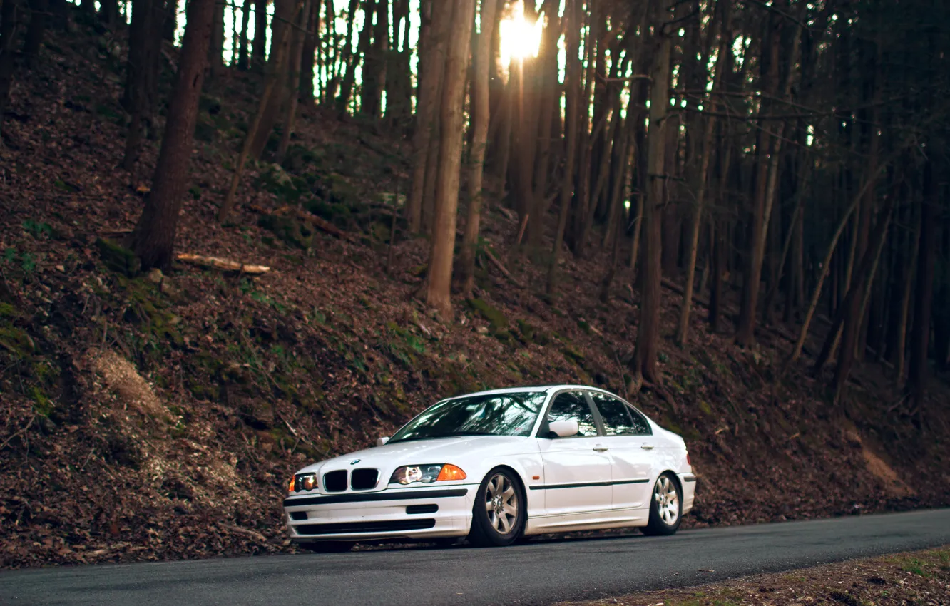 Photo wallpaper road, forest, trees, BMW, BMW, white, The 3 series, e46
