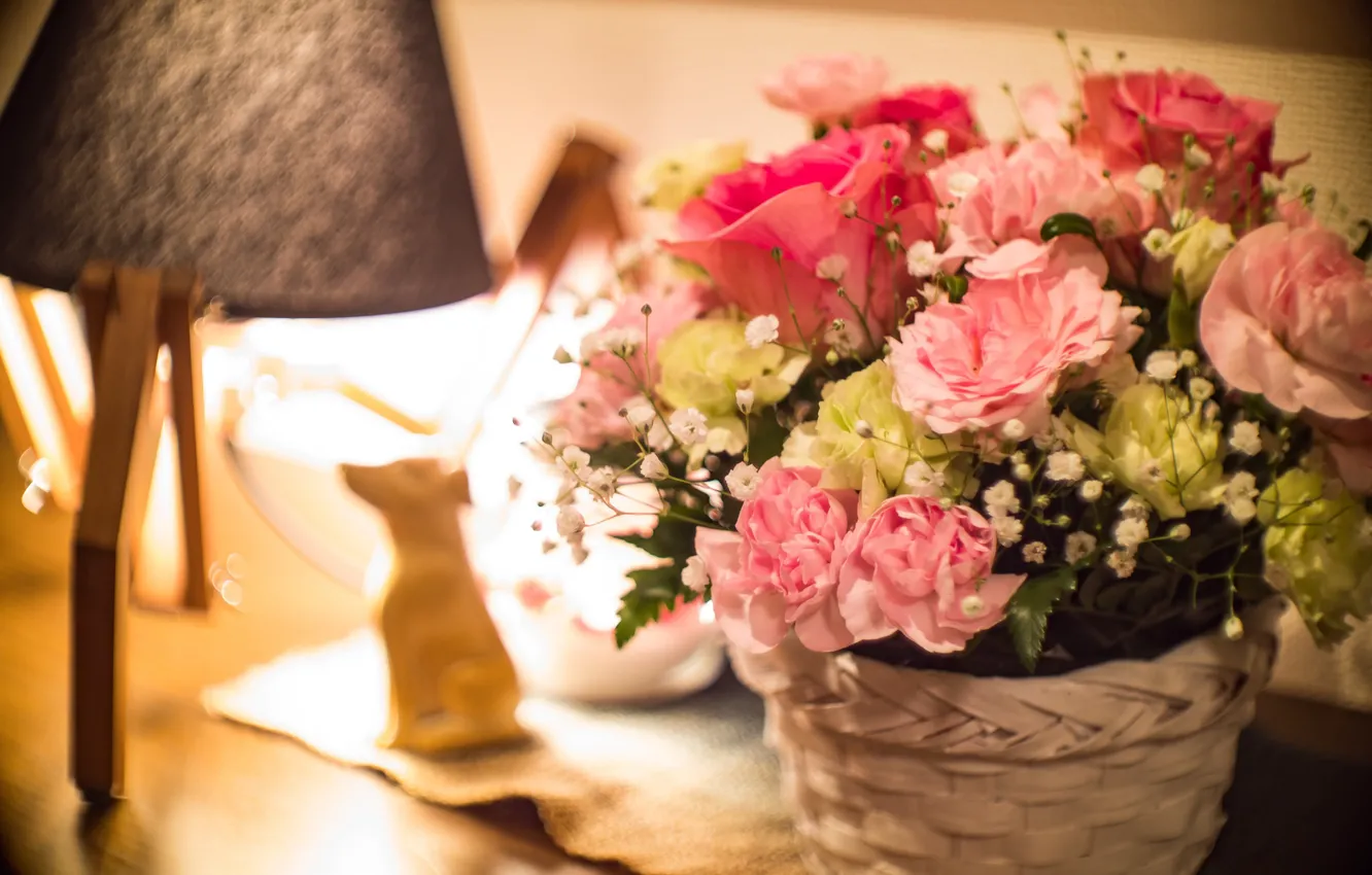 Photo wallpaper bouquet, basket, composition, clove, gypsophila