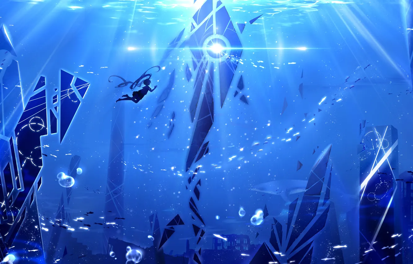Photo wallpaper under water, by 17, fish, girl, metal construction