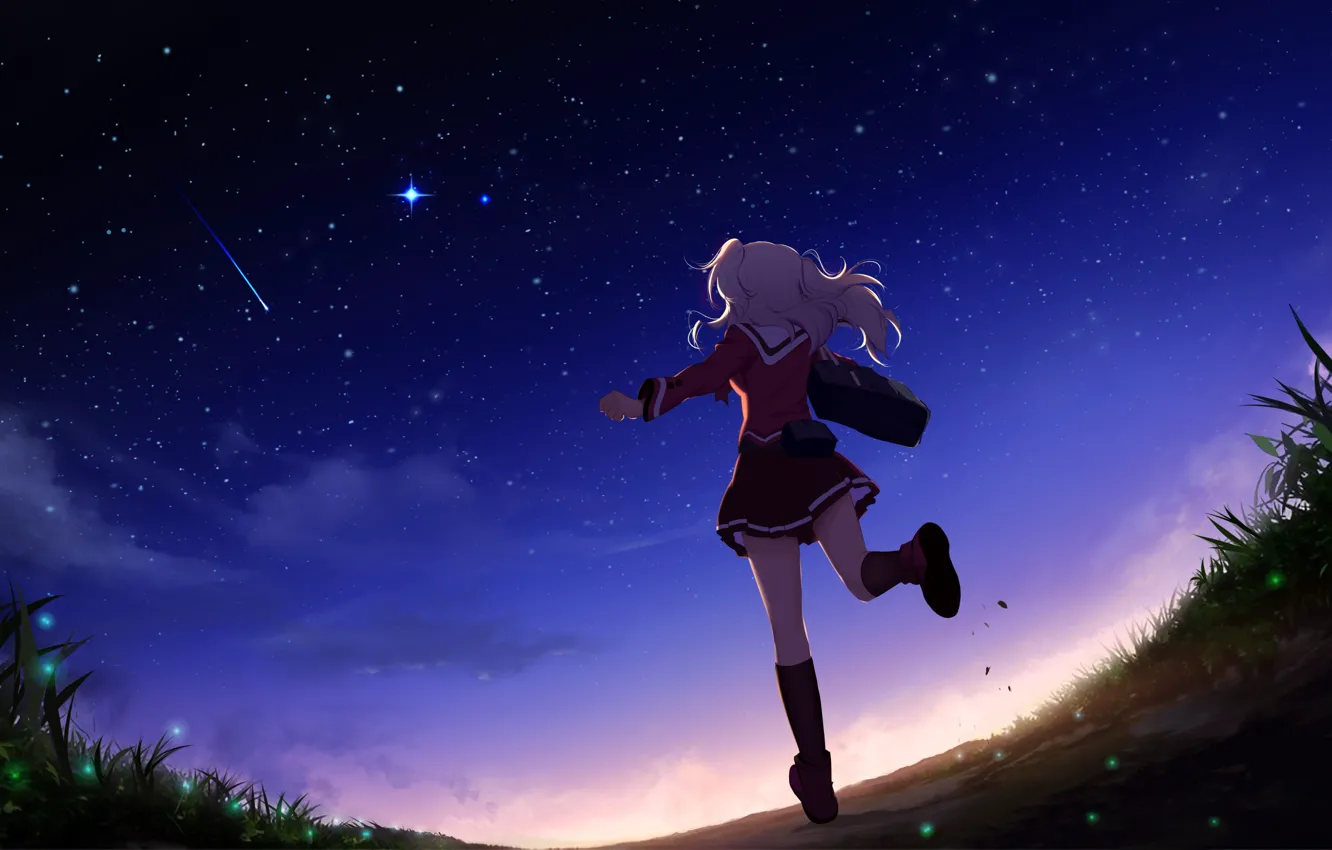 Photo wallpaper girl, sunset, night, anime, art, form, schoolgirl, charlotte