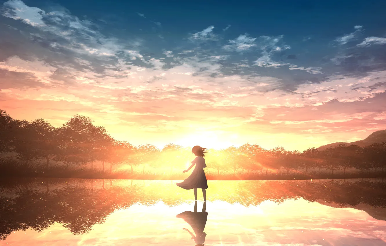 Photo wallpaper water, sunset, nature, girl