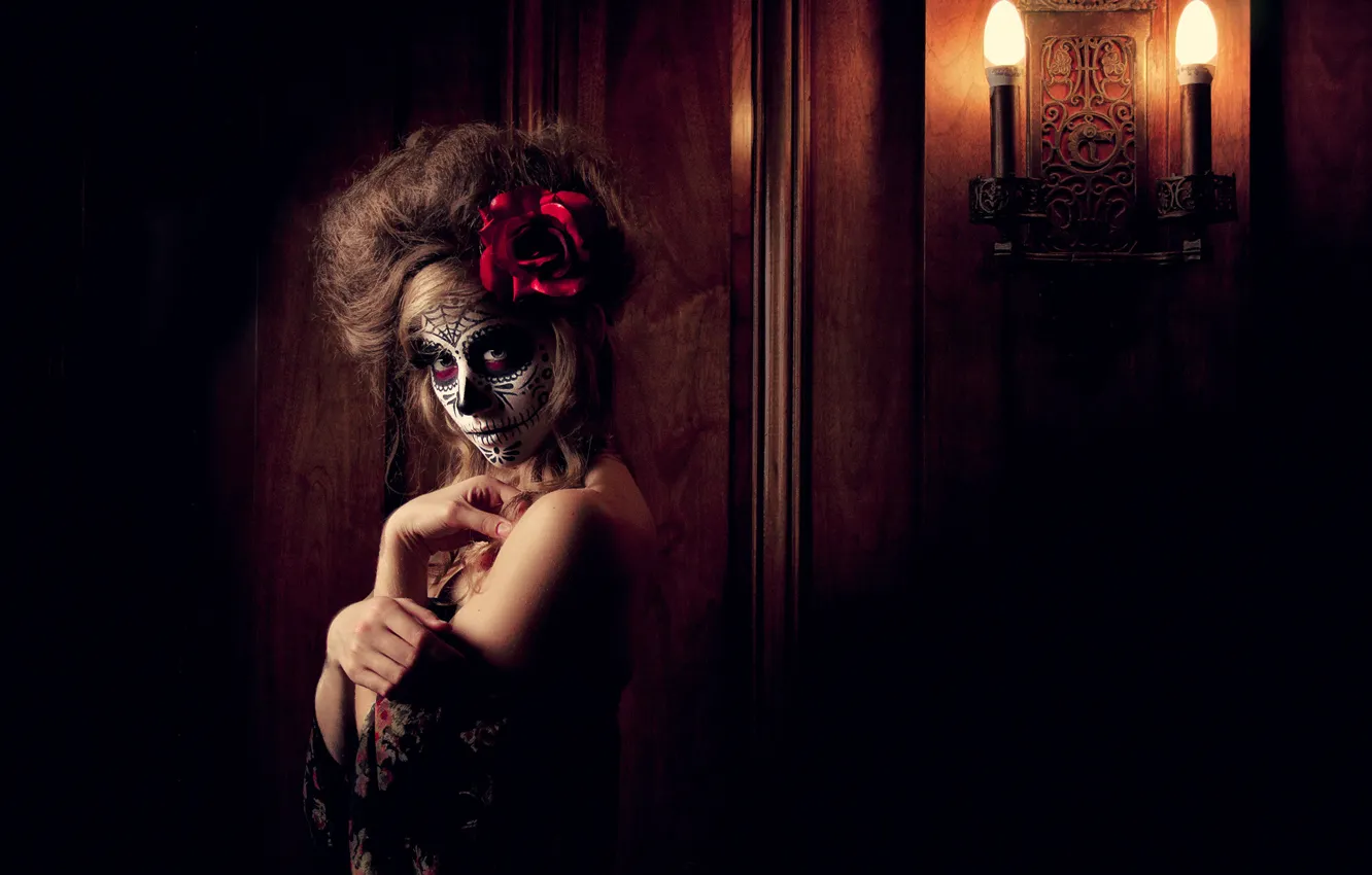 Photo wallpaper flower, girl, face, background, paint, day of the dead, day of the dead