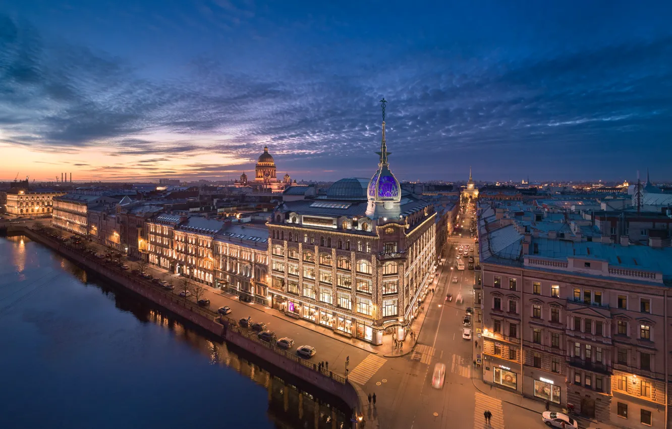 Photo wallpaper the city, building, home, the evening, Peter, lighting, Saint Petersburg, promenade