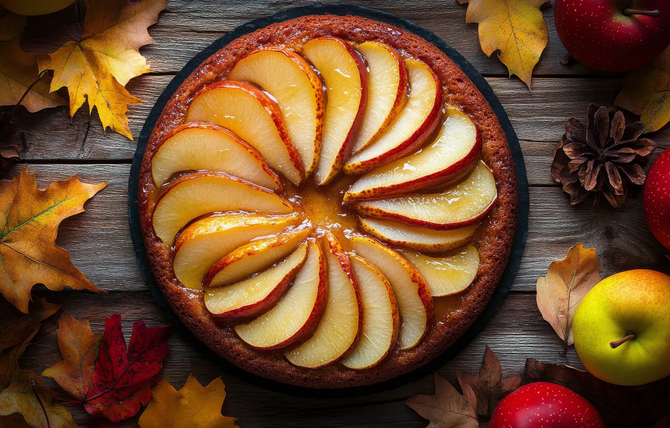 Photo wallpaper autumn, apples, pie, slices, Charlotte, AI art, neural network