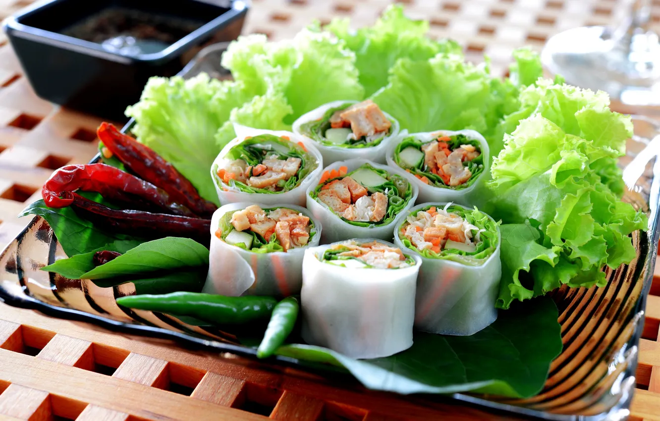 Photo wallpaper plate, pepper, cabbage, rolls