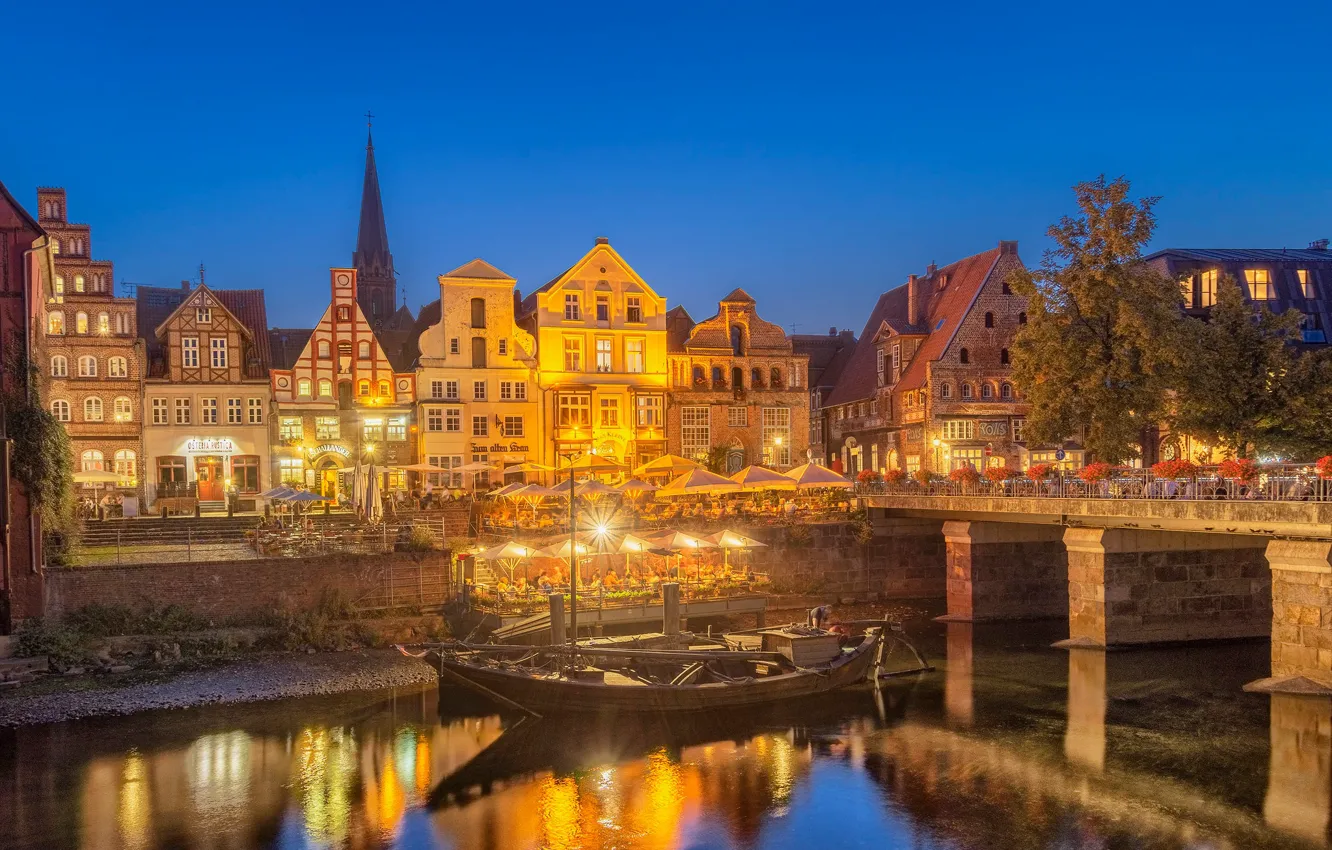 Photo wallpaper bridge, river, boat, building, home, Germany, cafe, promenade