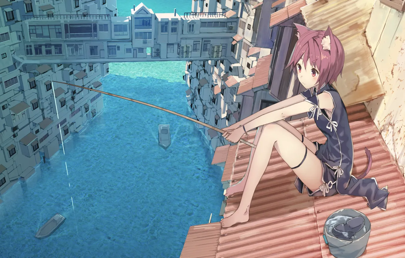 Photo wallpaper sea, the city, girl, rod